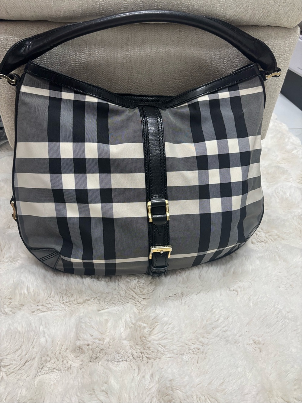 Burberry Black and Gray Plaid Hobo Bag